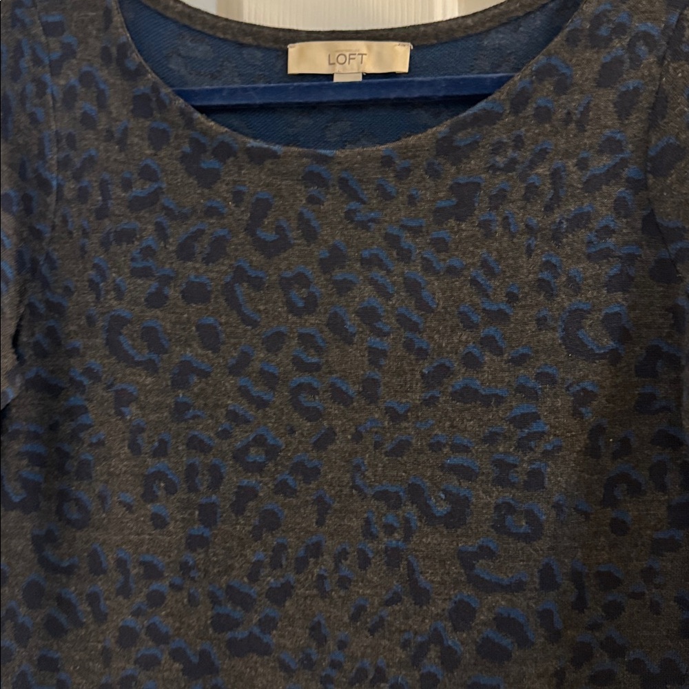 LOFT Charcoal, Navy & Blue Leopard Print Sweater Dress w/ Gray Trim - Picture 4 of 10
